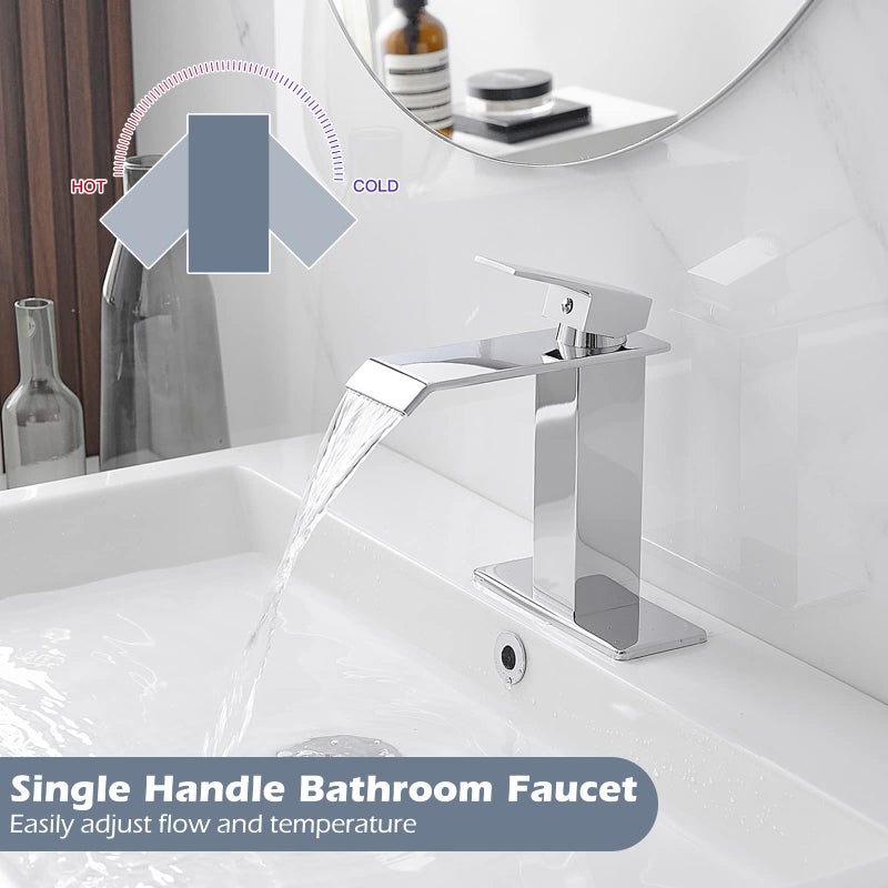 BWE Bathroom Faucet Chrome Modern Waterfall with Pop Up Drain for Sink 1 Single Hole Bathroom Sink Faucet Parts Spout Bath Lavatory Vanity Stopper Overflow and Supply Hose Single Handle Square - Image 3